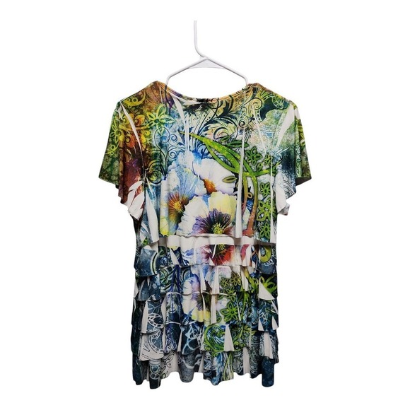 🌿 Green Tropical Tiered Jersey Blouse -‎ Size M | Slinky & Stretchy - Picture 2 of 7